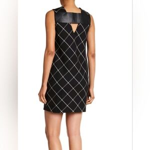 RAG & BONE Black Windowpane Print Back Leather Cut-Out Mini Shift Dress Sz 4‎